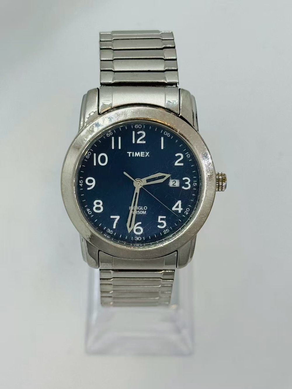 Vintage Timex Men’s Watch 39mm Blue Dial Date Indiglo Quartz New Battery Runs